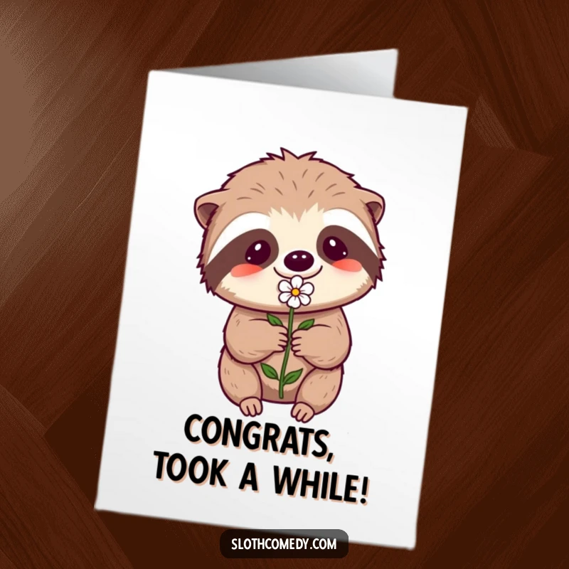 Funny Free Printable Congratulations Card: Kawaii sloth making immense effort to offer a tiny flower in celebration.