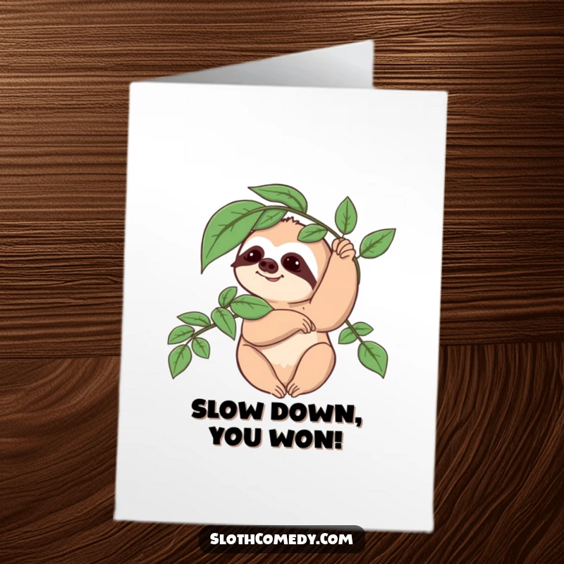 Funny free printable congratulations card showing a sloth slowly waving a branch, perfect for celebrating gradual success.