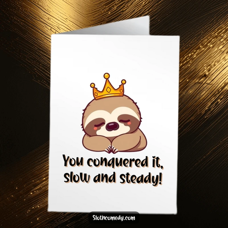 Funny Free Printable Congratulations Card shows a crowned sloth napping, symbolizing a relaxed and earned moment of success.