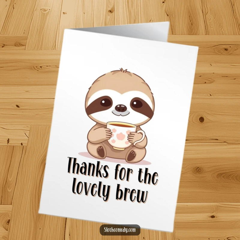Funny Free Printable Teacup Sloth Thank You Card: Sloth gracefully sips tea, expressing humorous gratitude.