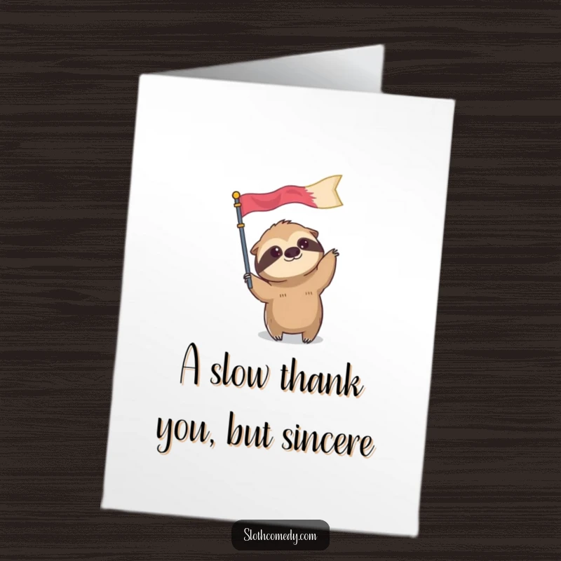 Funny Free Printable Thank You Card: A sloth slowly waving a tiny, oversized flag, showing appreciation with humor.