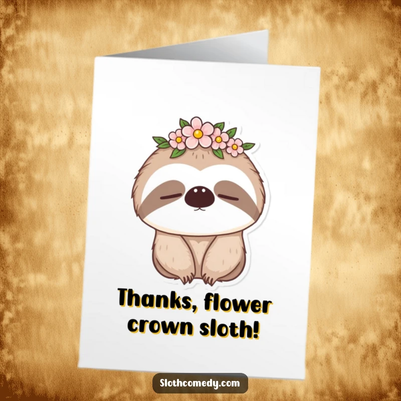 Funny Free Printable Thank You Card: A sleepy sloth wearing a flower crown offers a gentle, sleepy thank you.