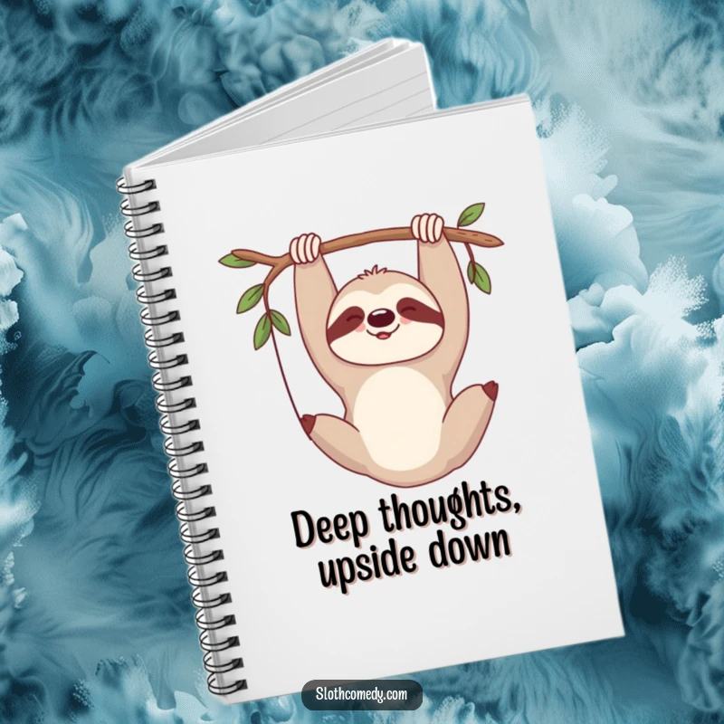 Funny notebook showcasing a sloth hanging upside down, sighing contently, ideal for reflective writing.