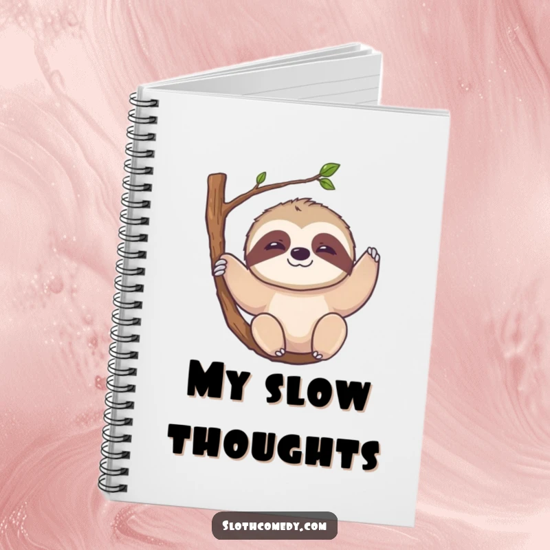 Funny Kawaii Sloth Notebook: Lined pages with a sloth character with a slow smile, hanging from a branch, perfect for journaling.