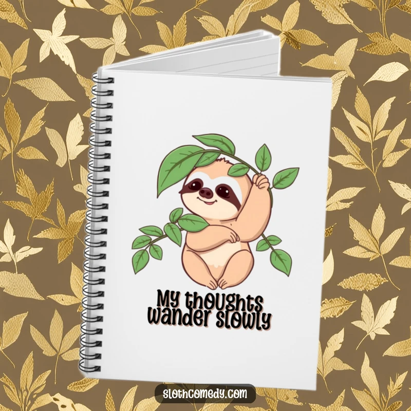 Funny Sloth Notebook: A sloth character offers a slow wave with a leafy branch, perfect for jotting down calm, nature-inspired notes.