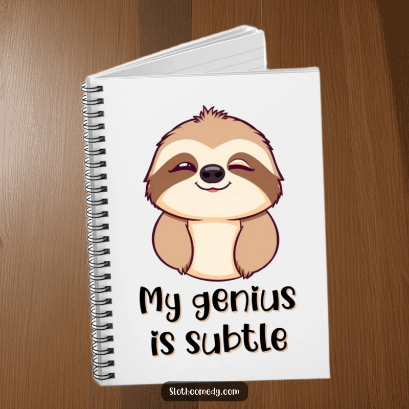 Funny notebook adorned with a sloth character giving a charming, mischievous wink, perfect for journaling.