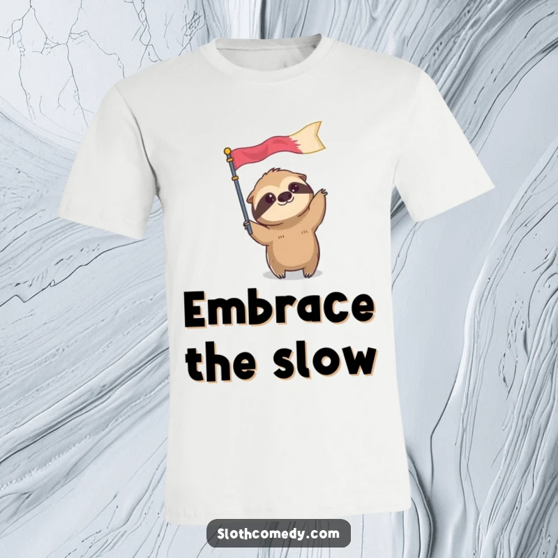 Funny t-shirt featuring a sloth character slowly waving an oversized flag, embodying a humorous and unhurried spirit.