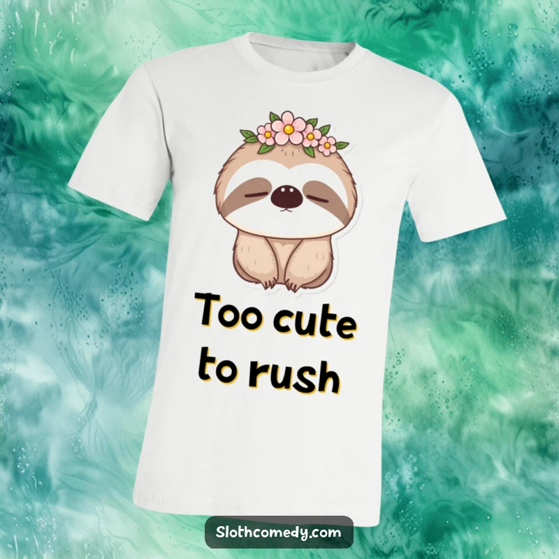 Funny t-shirt featuring a charming sloth adorned with a flower crown, caught in a sleepy blink, a symbol of relaxation, a funny gift.