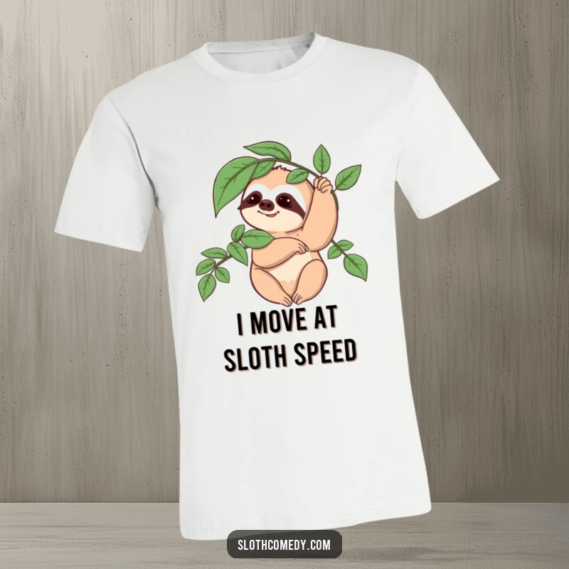 Funny Sloth T-Shirt: A sloth character slowly waves a leafy branch, embodying a relaxed, humorous, and unhurried greeting.