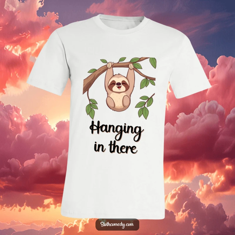 Funny t-shirt depicting a sloth giggling while hanging upside down from a branch, symbolizing a humorous and joyful perspective.