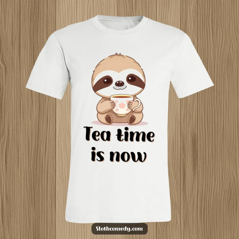 Funny t-shirt depicting a sloth elegantly raising a small teacup, embodying slow and steady charm.