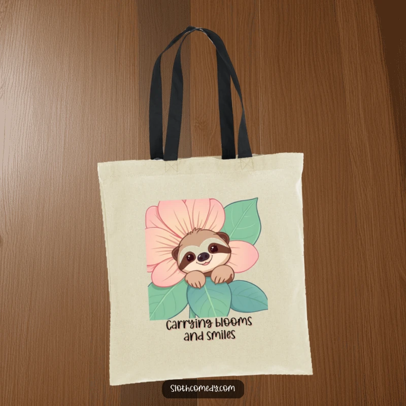 Funny Sloth Tote Bag: Features a smiling sloth character peeking from behind a large flower, symbolizing shy joy and humorous surprise.