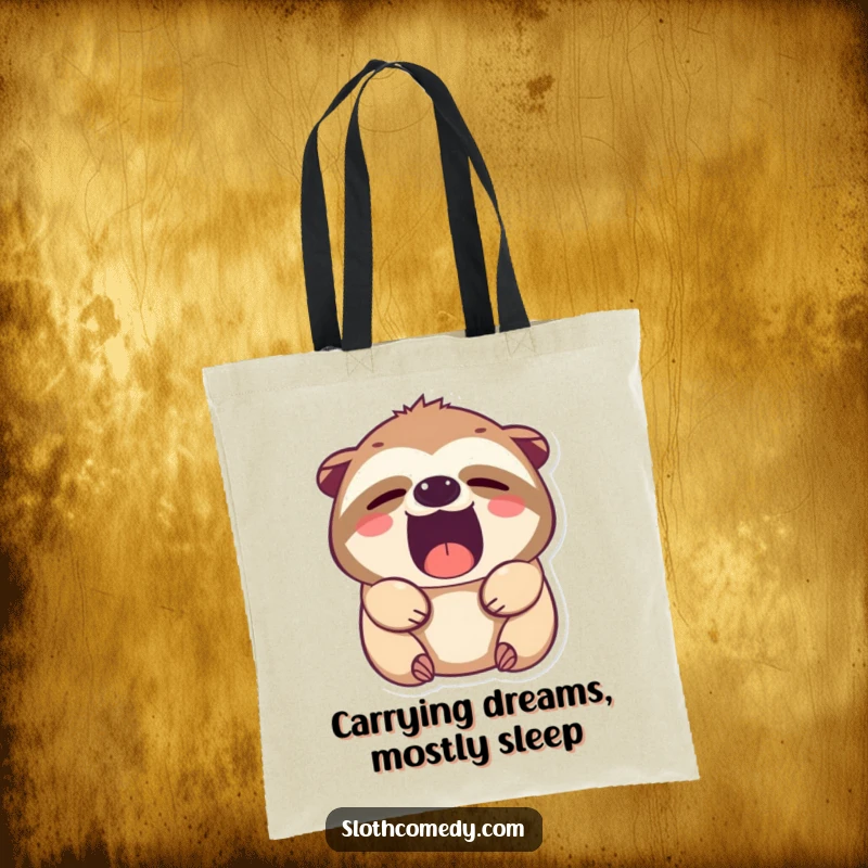 Funny Kawaii Sloth Tote Bag, showing a cute, sleepy-eyed sloth in a wide, humorous yawn, ideal for errands and everyday use.