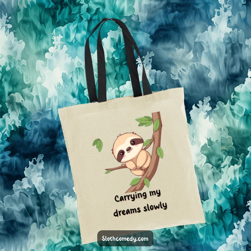 Funny tote bag with a cute sloth character slowly inching along a tree branch, embodying a gentle and humorous perseverance.