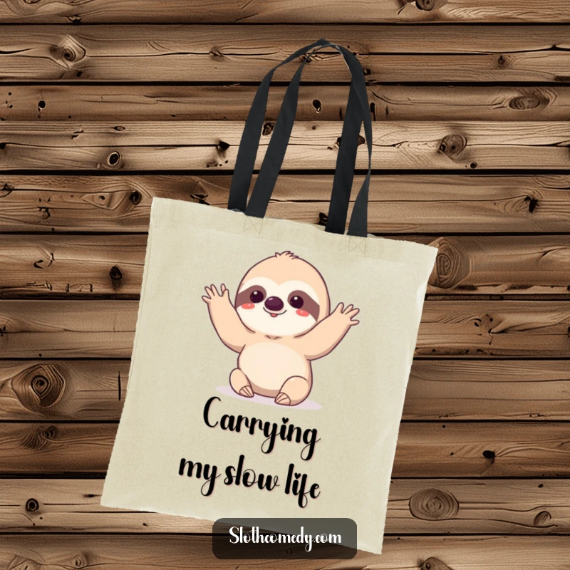 Funny kawaii sloth doing a very slow, deliberate wave on a tote bag, for humorous and leisurely errands.