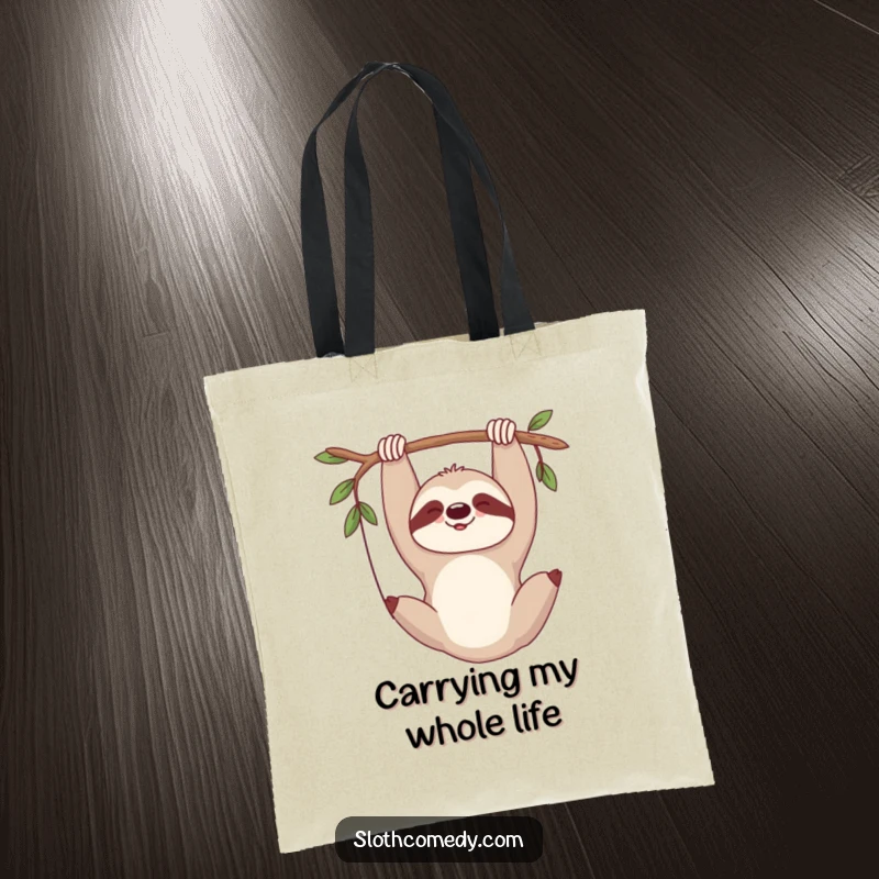 Funny tote bag with a sloth hanging upside down, letting out a blissful, contented sigh.