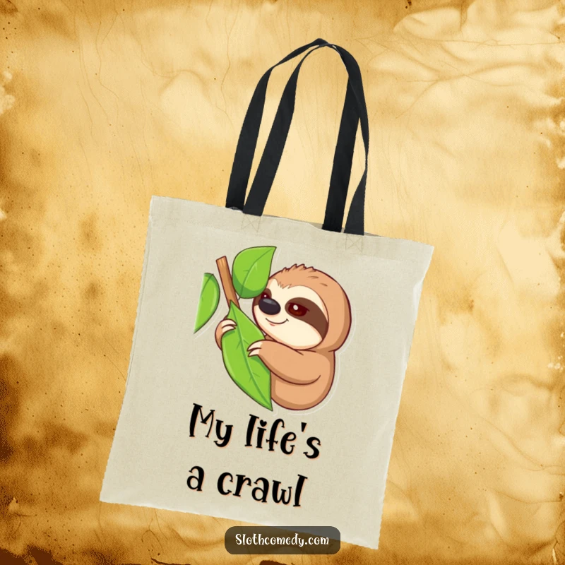 Funny tote bag depicting a sloth with one eye open, slowly reaching for a leaf, great for everyday use with a humorous twist, a funny gift.