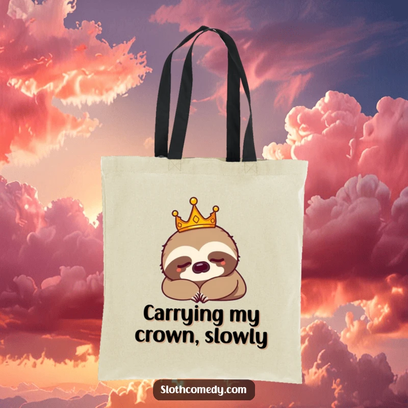 Funny sloth king wearing a tiny crown, napping on a durable tote bag. Ideal funny gift for shoppers.