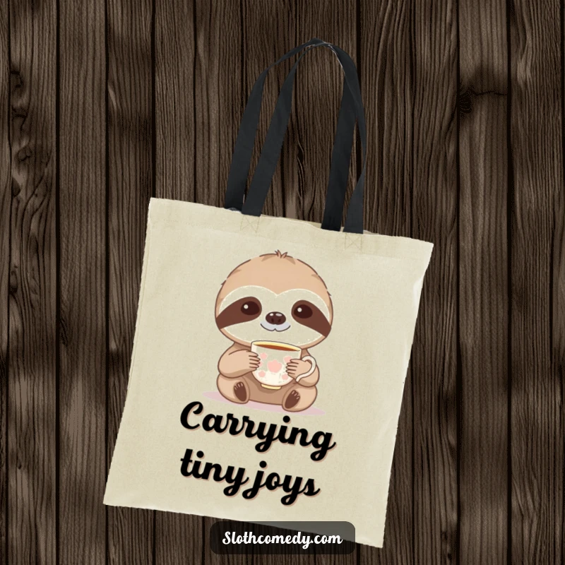 Funny tote bag featuring a sloth delicately raising a tiny teacup, embodying refined and slow humor.
