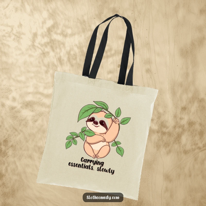 Funny Sloth Tote Bag: Features a sloth character slowly waving a leafy branch, symbolizing calm, nature, and humorous relaxation.