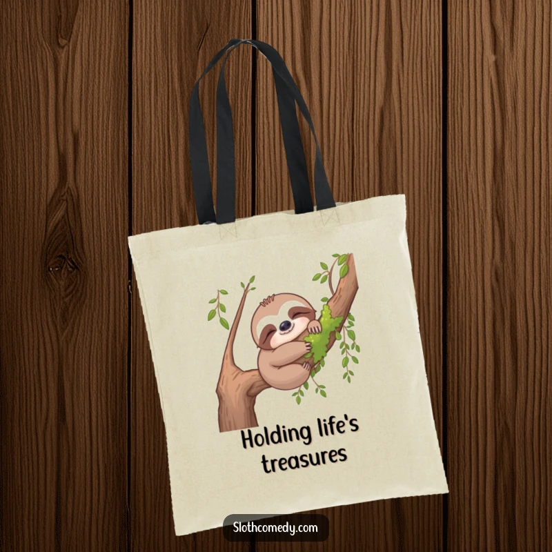 Funny sloth tote bag showing a sloth contentedly hugging a mossy branch, ideal for nature lovers and everyday use.