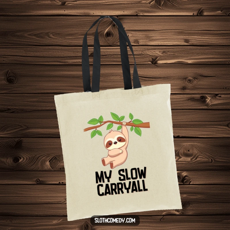 Funny Kawaii Sloth Tote Bag depicting a cute, peacefully dangling sloth, ideal for humorous and practical everyday use.